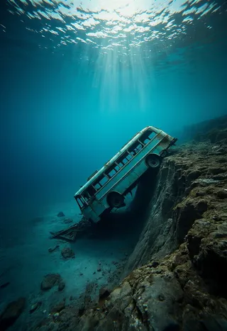 An underwater scene showing a bus wreck lodged on a steep rocky cliff illuminated by soft, ethereal light filtering from the surface.