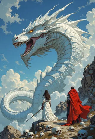 Majestic white dragon with open mouth facing two figures below, a woman in a flowing white gown holding a sword and a man in a red cloak, standing on rocky terrain scattered with skulls under a bright blue sky with clouds.
