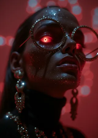 Close-up of a 3D monster female character with glowing red eyes behind round golden glasses, black textured skin with glitter, sharp teeth, and dramatic red and black abstract background.