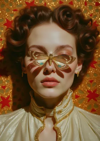 Hyper-realistic portrait of a pale-skinned medieval woman with rich curly hair and a large brown moth resting on her face, set against a golden background with red embroidery.