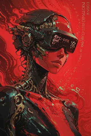 Cyberpunk android wearing a mechanical head-mounted display with binary code, set against a vivid red background