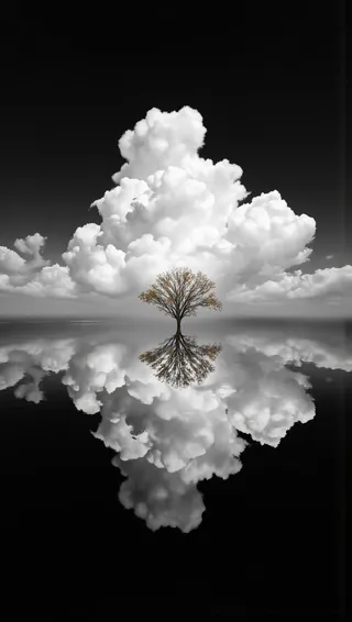 A solitary tree stands amid calm water reflecting large, fluffy white clouds against a dark black sky, creating a surreal and photorealistic landscape.