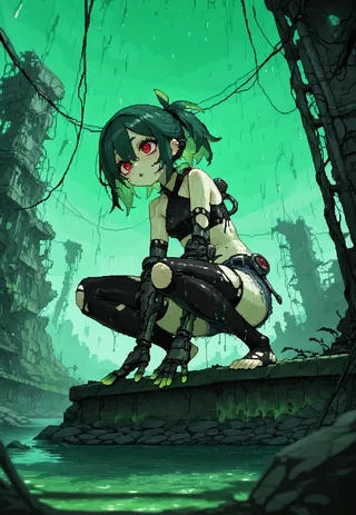 Pixel art of a green hair girl with red eyes and a robotic body crouching on ruins in a poisonous alien landscape with a dark poison lake and green ominous sky.