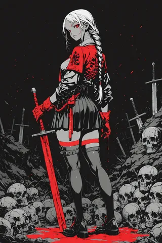 Anime girl with a long braided ponytail, wearing a red shirt and black skirt, holding a blood-stained red sword, standing among skulls in a dark environment.