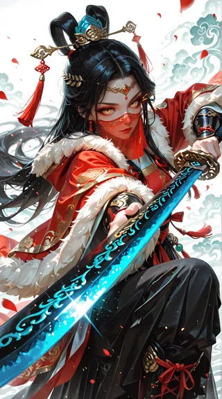 Dynamic close-up of a female Chinese opera warrior in a red fur-trimmed hanfu wielding a glowing blue ornate sword, with glowing yellow eyes and intricate hair ornaments