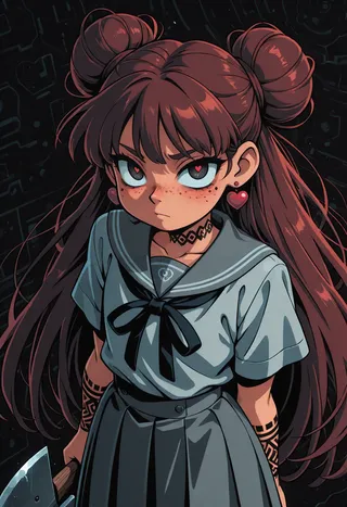 Close-up of an anime girl with dark auburn hair styled in buns and long strands, wearing a gray sailor collar outfit with a neck ribbon, heart earrings, freckles, traditional Japanese tattoos on chin and arms, holding an axe.