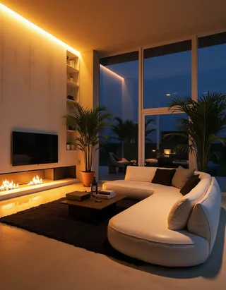 Brutalist style living room interior with warm LED lighting, white modern rounded sofas, black rug, potted palm trees, large floor to ceiling windows, fireplace with TV above it at night.