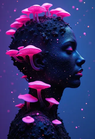 A surreal digital 3D artwork of a dark blue profile silhouette covered in textured, organic wire-like structure with glowing pink bioluminescent mushrooms growing and emitting light against a purple-blue gradient background with particle effects.