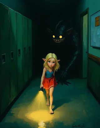 A fragile elf cheerleader with blond hair and blue eyes walks barefoot down a dimly lit school hallway holding a flashlight. Behind her, a dark shadowy monster with glowing yellow eyes and sharp teeth lurks.
