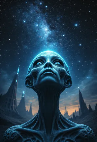 Close-up of an alien face looking up at a bright, starry sky with glowing bioluminescent and futuristic organic features against a cosmic backdrop with mysterious spires.