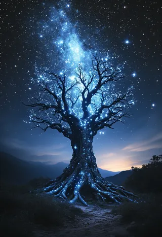 A large extraterrestrial tree under a starry sky with glowing bioluminescent blue lights covering its trunk and branches, emitting an unearthly cosmic glow.