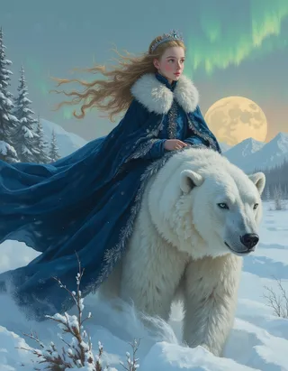A regal Norwegian princess in a deep-blue velvet cloak with fur trim rides a majestic white polar bear across snowy terrain under the aurora borealis and a full moon.