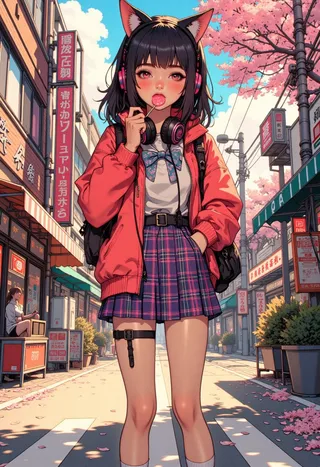 Chica anime con orejas de gato que lleva una chaqueta roja, falda de cuadros y auriculares grandes, de pie en una calle iluminada por el sol en Tokio con pétalos de cerezo flotando alrededor.