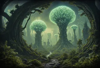 A surreal extraterrestrial forest featuring towering, glowing mushroom-shaped trees with bioluminescent textures, surrounded by dense alien vegetation and mystical atmospheric depth.