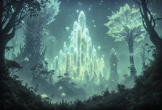 A glowing extraterrestrial forest featuring tall, crystalline structures emitting a soft ethereal light surrounded by dark futuristic trees with bioluminescent textures under a misty atmosphere.