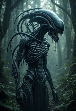 A detailed Xenomorph creature with biomechanical horror aesthetics, standing in a misty forest with intricate skeletal structures and dark, eerie shadows.