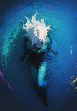 A woman with white hair and blue eyes is seen from above, half submerged in a vivid multicolor sea of ink with surreal and serene ambiance.
