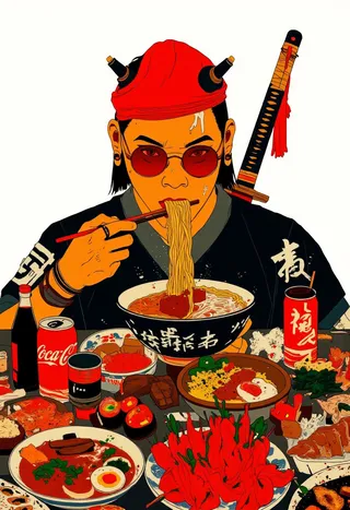 Illustrazione digitale di un uomo asiatico con cappello rosso e corna nere, che indossa occhiali da sole neri e mangia noodles ramen con bacchette, con una spada con nappina rossa dietro di lui, circondato da vari piatti e bevande giapponesi su sfondo bianco semplice.