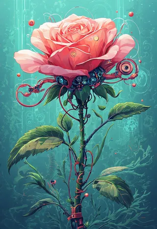 A detailed cybernetic rose blending natural petals with mechanical components and wires in a futuristic, harmonious botanical composition.