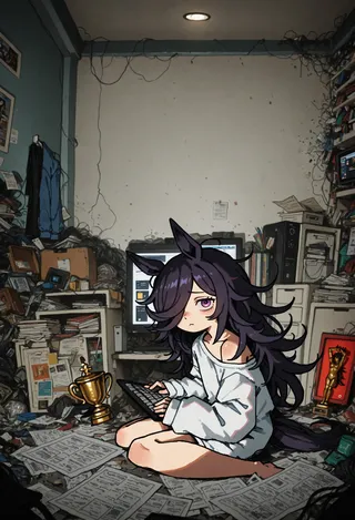 Umamusume character with horse ears and long dark hair, sitting in yokozuwari style typing on a keyboard in a cluttered and messy room filled with papers, trophies, and computer monitors.