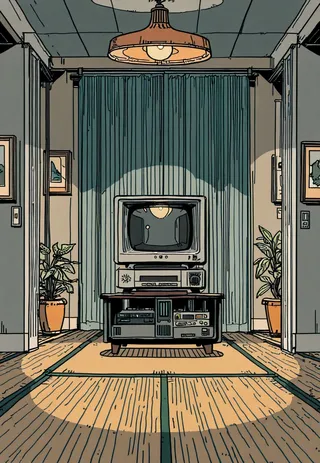 Cozy tatami room interior with a tube TV on a stand, warm overhead lamp light, VHS stack, and muted ochre and teal color palette in 1990s anime style with clean ligne claire linework.