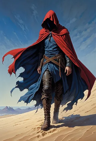 A mysterious faceless figure wearing a tattered red hooded cloak and armored boots walking through sandy desert terrain under a blue sky.
