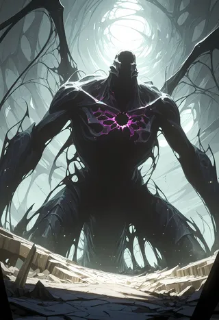 A close-up of a giant faceless eldritch monster emerging from a broken terrain, enveloped in shadow and corrupted void with glowing purple fissures on its chest.