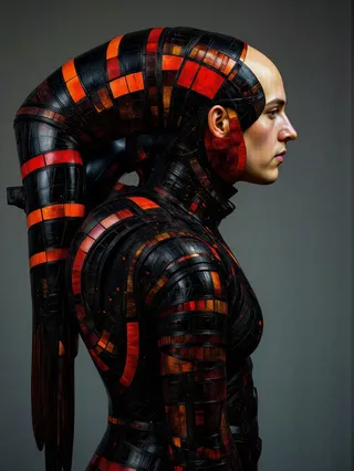 Profile portrait of a Danish man wearing a black and red striped exoskeleton with geometric, biomechanical design elements.