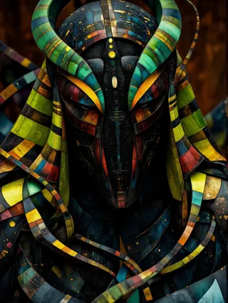 A detailed image of an Egyptian man wearing a black exoskeleton adorned with vivid green stripes and a colorful headdress featuring branching, geometric patterns on a deep contrasting background.