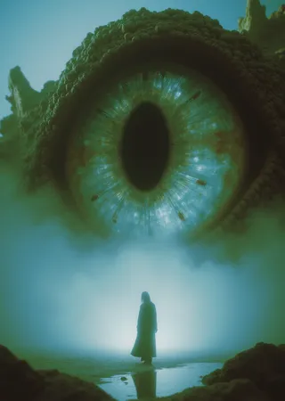 A colossal, detailed reptilian eye with a slit pupil surrounded by rugged scales, looming over a solitary human figure in a flowing black robe standing in mist.