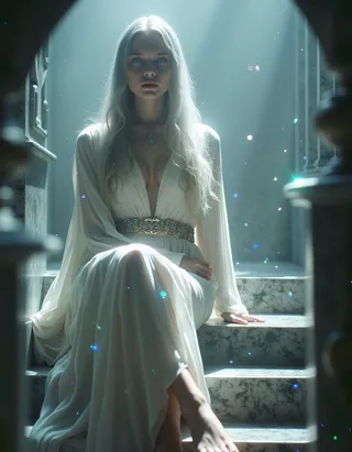 Cinderella with long silver hair, blue eyes, and pale skin seated barefoot on marble stairs, wearing a belted dress, illuminated by dramatic Rembrandt lighting.