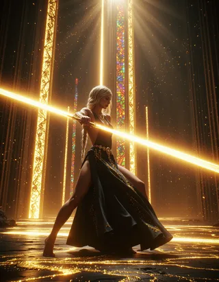 A blonde woman stands barefoot in a ruined cathedral, wielding a radiant golden sword mid-swing, dressed in a black gown with golden ornaments, surrounded by glowing magical energy and shattered stained glass.