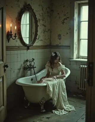 A woman in a vintage dress sits fully clothed in an old clawfoot bathtub within a decaying, dimly lit bathroom showing cracked tiles, peeling wallpaper, and a foggy mirror illuminated by soft candlelight and natural light.