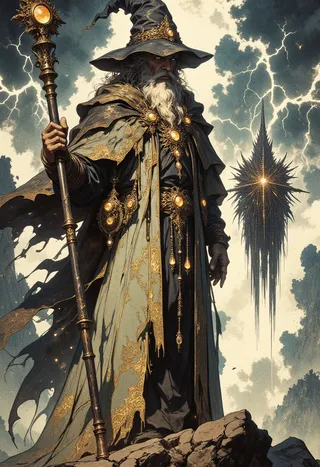 An arcane warrior draped in an aged, tattered robe with gold embroidery, wearing a wide-brimmed wizard hat, holding a dark wood staff topped with glowing amber stones, standing on rocky terrain with stormy skies and lightning in the background.
