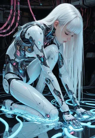 Futuristic humanoid robot with long white hair kneeling in dark cyberpunk environment with glowing blue cables and intricate mechanical details on robotic body.