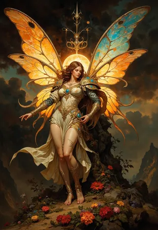 A fantasy princess with golden armor and butterfly wings stands barefoot on a flower-covered rocky terrain under golden light, painted in realistic Rembrandt style.