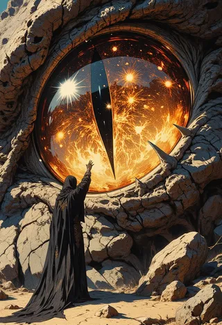 A colossal dragon’s amber eye with fiery golden-red flecks in a cracked rocky landscape, a hooded figure reaching out toward the eye’s glowing reflection.
