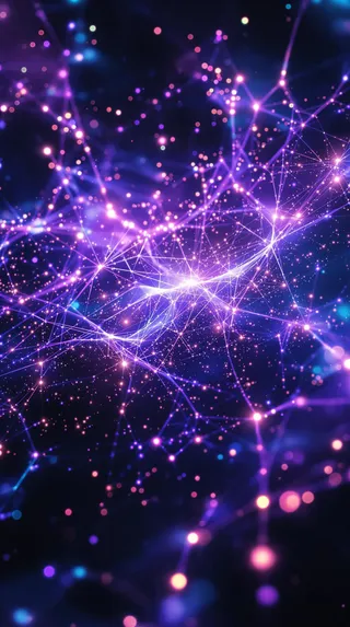 A vibrant cosmic web of light glowing in purple and pink hues, illustrating interconnected artificial neural networks with glowing nodes and connecting lines.