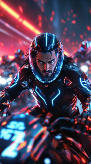 Man in a sleek futuristic racing suit with pulsing blue neon lights and a glowing helmet, riding a light cycle in a vibrant Tron arena with intense neon lighting.
