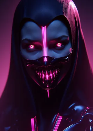 Ultra-realistic portrait of Mileena from Mortal Kombat wearing a glowing neon mask with sharp teeth, intense pink glowing eyes, and a dark ninja outfit under cinematic lighting.