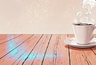 Illustration of a white coffee cup with steam rising, placed on a wooden table with light reflections, positioned on the right side.