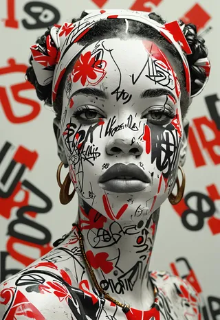 Close-up of a plaster female statue of an attractive black woman covered in intricate wildstyle graffiti with bold red and black letters and shapes.
