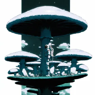 An astronaut stands full body amidst large, white-capped giant mushrooms on an alien world under a starry night sky with green clouds and white plants.