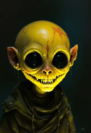 Portrait of a tiny creepy creature with yellow skin, large black eyes, and sharp teeth, wearing dark tribal clothes, illuminated with volumetric lighting against a dark background.