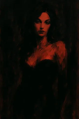 A digital painting of a seductive woman rendered in black and red hues with bold, expressive brush strokes blending into a dark, abstract background.