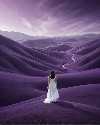 A solitary figure in a white dress stands on flowing purple hills under a dreamy purple sky, overlooking a tranquil surreal landscape.