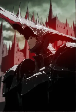 A lone knight clad in dark spiked armor with a large horned helmet, turning his head and looking away, standing before a red and grey fantasy castle under a gloomy sky.