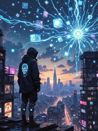 Cyberpunk hooded figure with glowing neon blue techwear and mechanical legs standing on a rooftop overlooking a futuristic city at sunset, with floating digital panels and blue energy streams above.