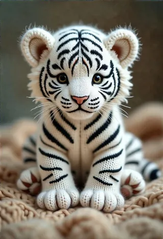 A baby white tiger knitted with intricate black stripes and detailed fabric textures, sitting on a soft knitted blanket.