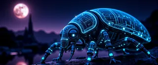 Ultra-realistic biomechanical beetle with intricate glowing turquoise circuits beneath a crystalline transparent shell, set in an alien jungle under a twilight sky with ringed planets and bioluminescent flora.
